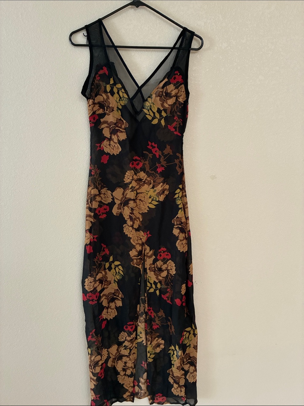 HAODUOYI Black Floral Mesh Midi Dress with Brown and Red Accents